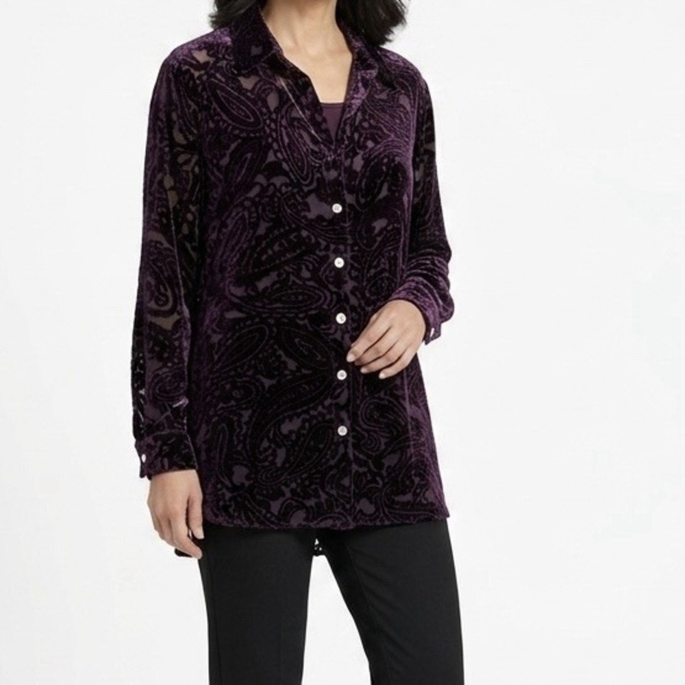 Y2K Chicos Size-3 Women Shirt Burnout Velvet Purple Top Paisley Long Sleeve